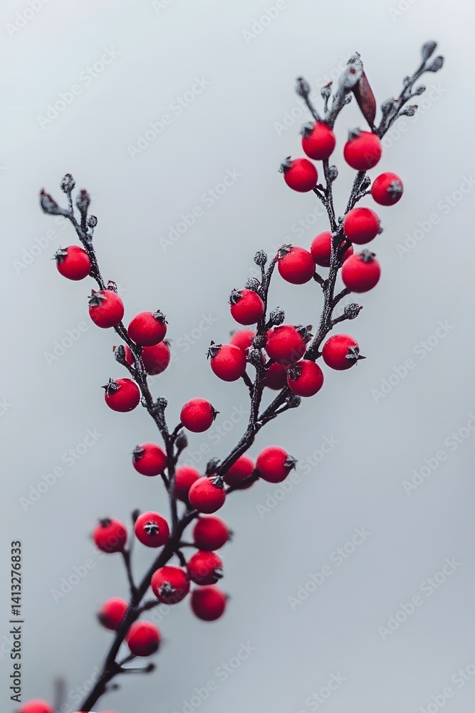 Frosty Red Berries Winter Branch Nature Closeup Frosty Red Berries Winter Branch Nature Closeup