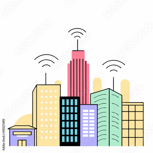 Smart City Skyline with Wireless Network Signals