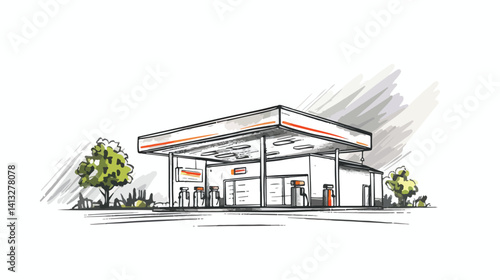 Hand-drawn Sketch of a Gas Station: Retro Road Trip Vibes, Fuel Pump Icon, Vintage Style            