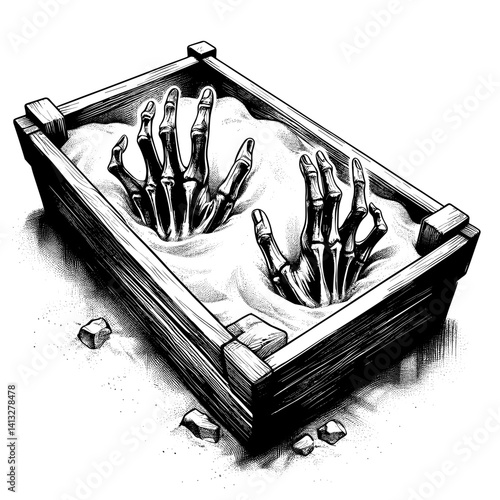 Skeleton Hands Emerging from Sand in a Wooden Box  