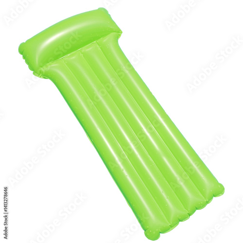 Cut out, isolated PNG image of a green inflatable mattress, designed for lounging in the pool or at the beach. Great for relaxing in the water under the sun