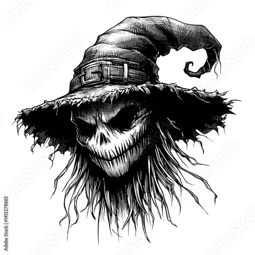 Scary scarecrow skull illustration in black and white  