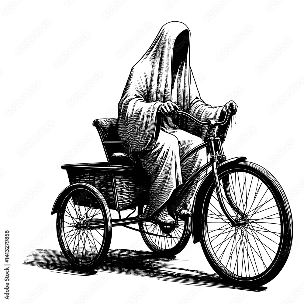 Obraz premium Mysterious figure riding a tricycle in monochrome style 