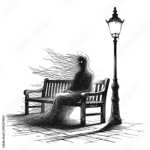 Shadowy figure sitting on a bench in a somber street setting  