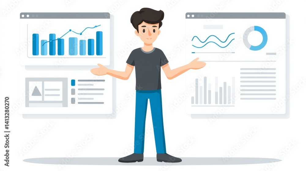 Data Analyst Presenting Business Charts - A young man confidently presents data charts, illustrating business growth, analysis, and strategic planning. The symbolizes progress, understanding Data Analyst Presenting Business Charts - A young man confidently presents data charts, illustrating business growth, analysis, and strategic planning. The symbolizes progress, understanding
