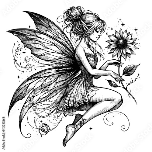 Fairy holding a flower in a whimsical black and white illustration  
