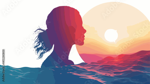 Silhouette Girl Sunrise: Abstract Dawn Color Collage sky art soft hope calm yoga light style youth  
