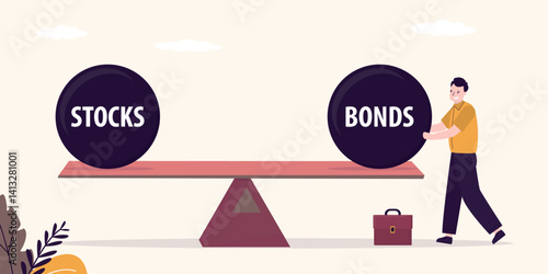 Stocks and bonds in balance, weight balls on seesaw that symbolize harmony and equity between Stock and bonds, businessman balancing weight on seesaw.