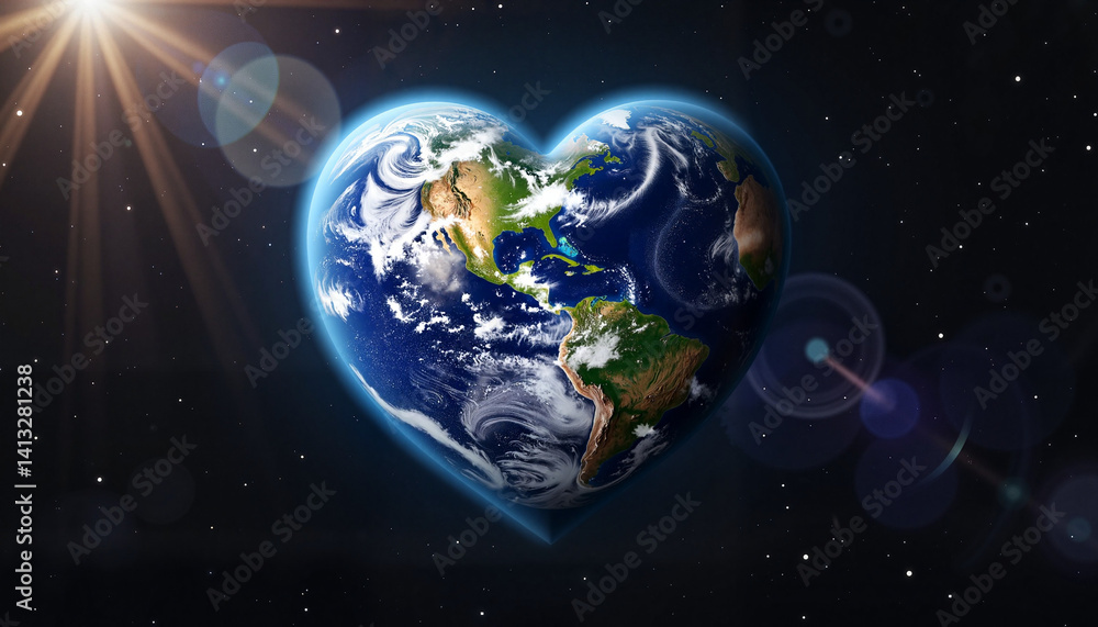 Naklejka premium Heart-shaped Earth viewed from space with stars, cosmic love