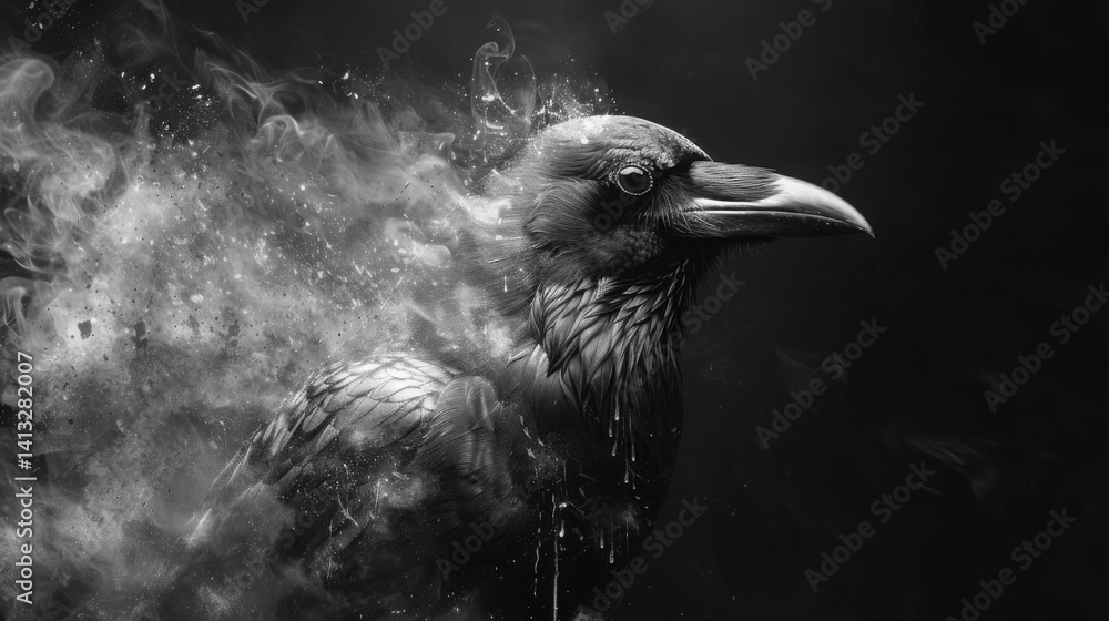 Fototapeta premium Black background, inky raven, dripping, black and white.