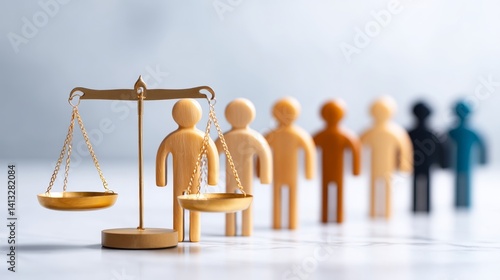 Equal Justice Under Law: Pro Bono Services - Scales of justice alongside diverse figures symbolize fair legal representation, equal rights, access to justice, pro bono assistance