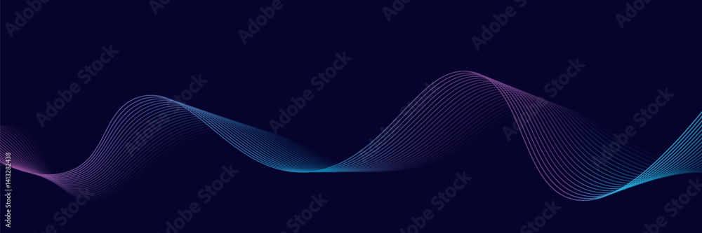 Naklejka premium Abstract dark blue digital future technology geometric flowing line background. Purple-navy blue-green gradient smooth wave lines web banner 