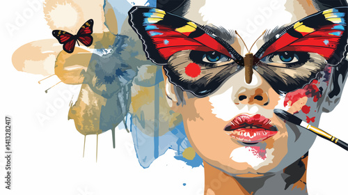 Dreamy Girl with Butterfly Mask: Elegant Vector Art for Design Projects, Prints, and Branding. face 