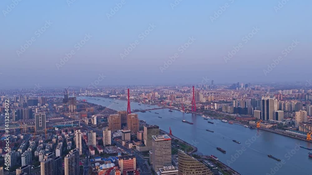 custom made wallpaper toronto digital4K Real Time Aerial view of shanghai skyline and winding river at sunset.