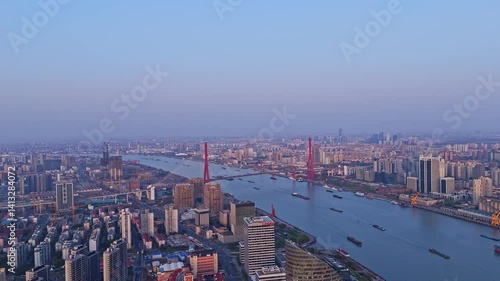 Wallpaper Mural 4K Real Time Aerial view of shanghai skyline and winding river at sunset. Torontodigital.ca