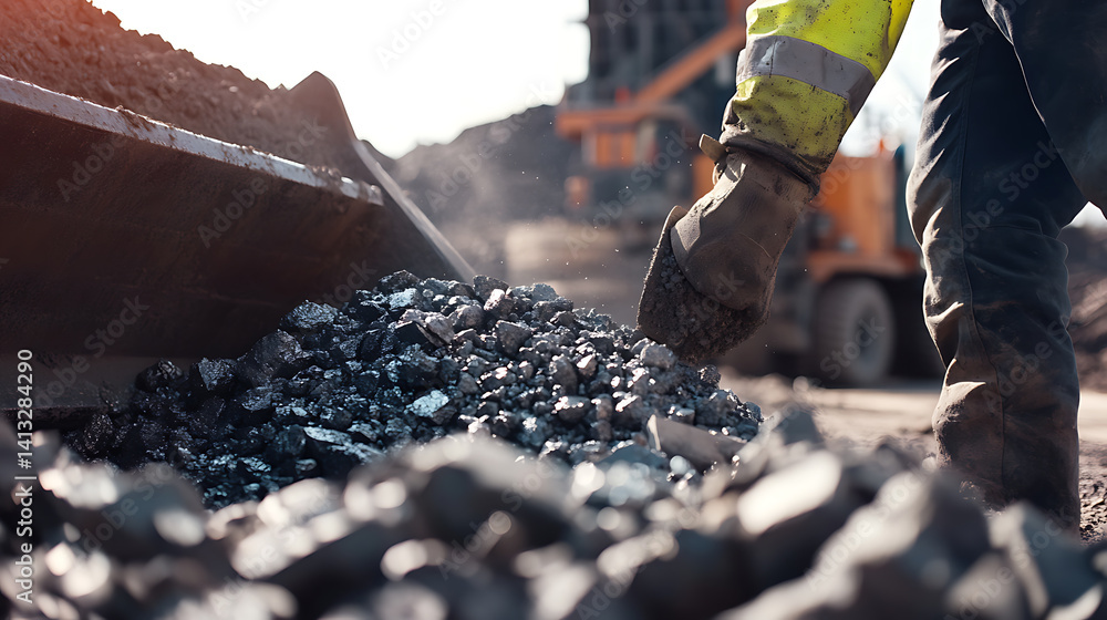 Naklejka premium Mining worker loading ore into a crusher at a mining site. Featuring loading and material processing