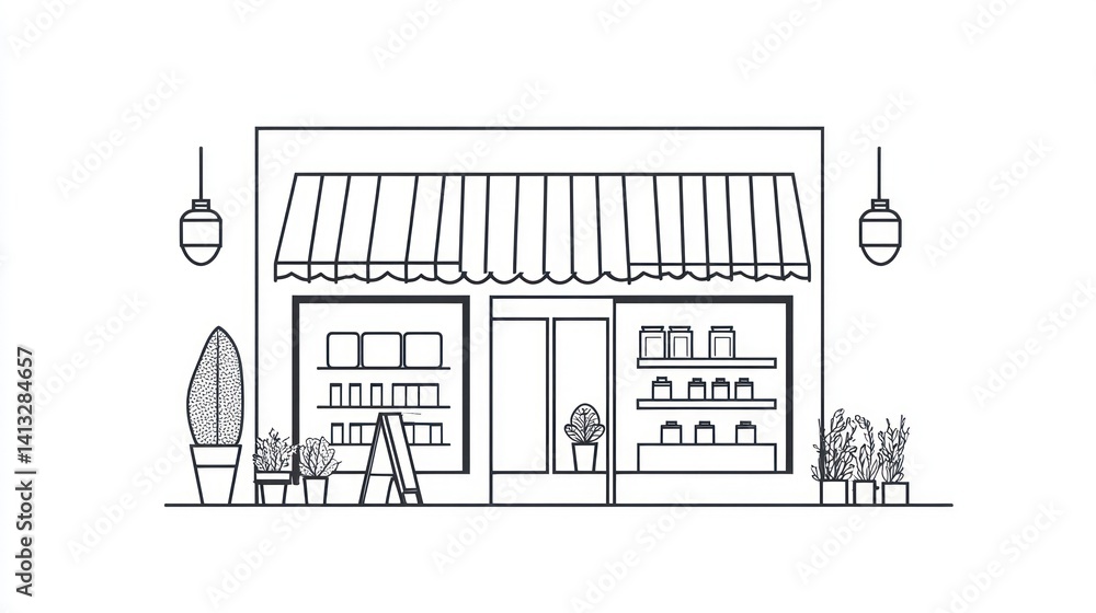 Obraz premium Simple store front illustration. Exterior view of a cafe. Possible use for branding