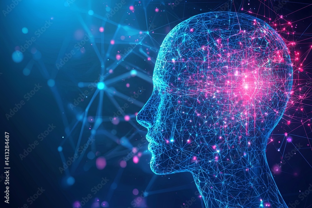 Artificial Intelligence Concept Featuring Neon Human Head Silhouette with Glowing Connections and Creative Digital Background for Technology Themes Artificial Intelligence Concept Featuring Neon Human Head Silhouette with Glowing Connections and Creative Digital Background for Technology Themes