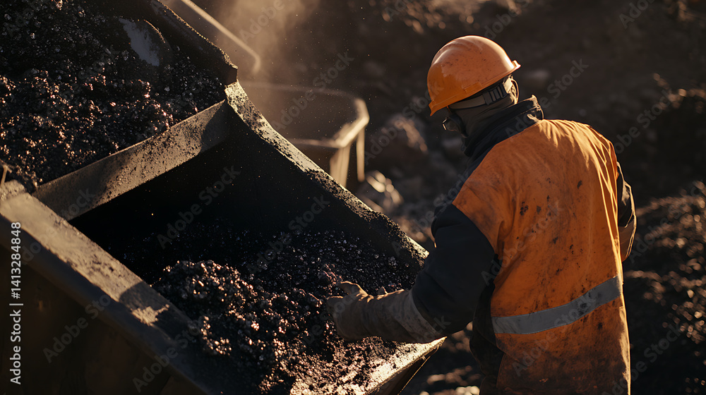 Mining worker loading ore into a crusher at a mining site. Featuring material processing and heavy machinery Mining worker loading ore into a crusher at a mining site. Featuring material processing and heavy machinery