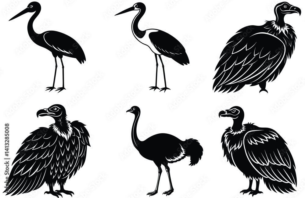 Naklejka premium Set of vector birds illustration features wild animal silhouettes like black crane and pink flamingo isolated on white