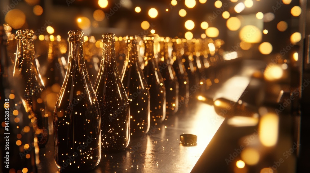 Sparkling Bottles with Bokeh Lights in Warm Ambient Setting Sparkling Bottles with Bokeh Lights in Warm Ambient Setting