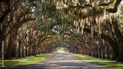Canopy of trees laden with Spanish moss (Tillandsia usneoides) hanging over a straight country road, Savannah, Georgia, USA