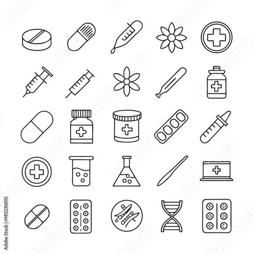 Pharmaceutical Outline Icon Set – 25 Linear Style Vector Illustrations with Editable Stroke for Medical and Healthcare Design