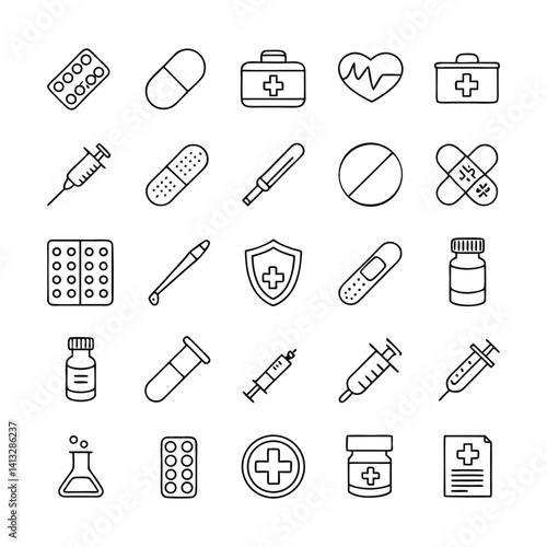 Editable Stroke Pharma Icons – 25 Professional Outline Vector Symbols for Drugstores, Hospitals, and Health Applications