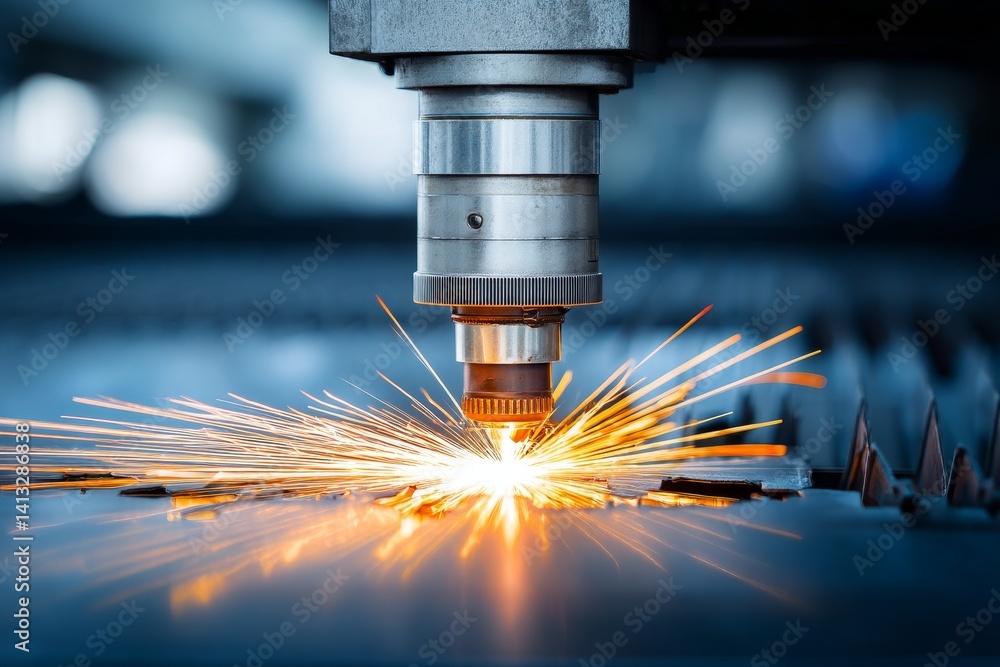 Industrial Laser Cutting Machine Precision in Action - High-precision laser cutting, industrial manufacturing, metal fabrication, sparks, technology. Symbolizing innovation, precision, power, speed Industrial Laser Cutting Machine Precision in Action - High-precision laser cutting, industrial manufacturing, metal fabrication, sparks, technology. Symbolizing innovation, precision, power, speed