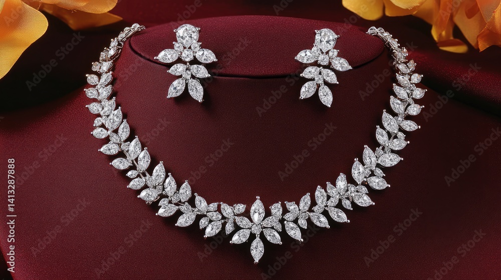 Obraz premium Diamond necklace and earring set shown against a silky deep maroon background