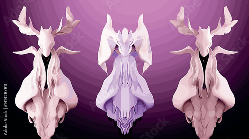 Purple and pink abstract animal skull art with symmetrical antlers flat vector illustration