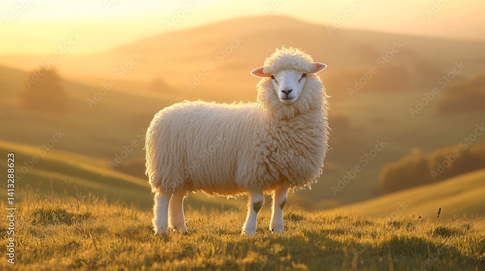 Fototapeta premium Sheep standing in sunlit meadow with grassy hills, sunny skies and warm light