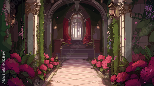 Enchanting floral garden walkway with arched path and lush greenery flat vector illustration