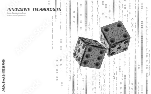 Abstract dice technology background. Geometric dice polygons digital numbers raining. Suitable gambling blockchain crypto investments. White backdrop low angle, modern digital style.