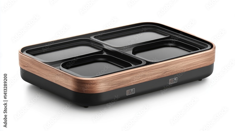 Electric griddle with dual heat zones and drip tray on white background Electric griddle with dual heat zones and drip tray on white background