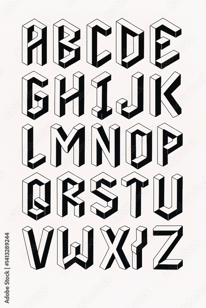 English alphabet, made in the form of three-dimensional geometric figures with black lines on a light background. Stylish, abstract and modern letter design. English alphabet, made in the form of three-dimensional geometric figures with black lines on a light background. Stylish, abstract and modern letter design.