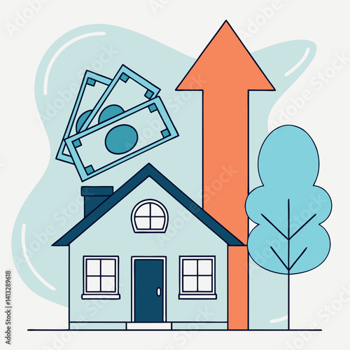 House with Upward Arrow and Money: Increasing Real Estate Value.