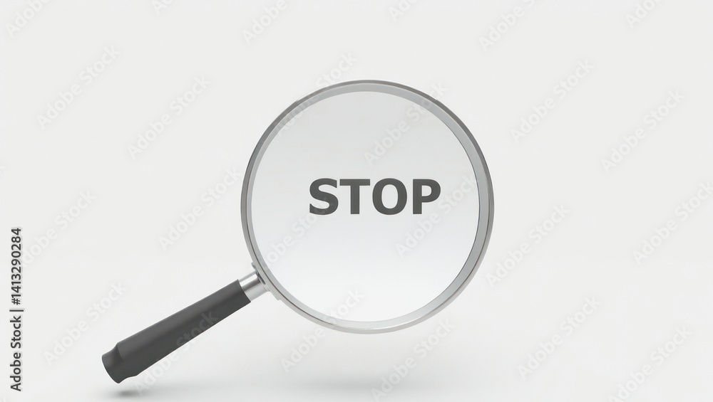 Magnifying glass highlighting stop phrase with a minimalistic background in a clear design for emphasis on the message Magnifying glass highlighting stop phrase with a minimalistic background in a clear design for emphasis on the message