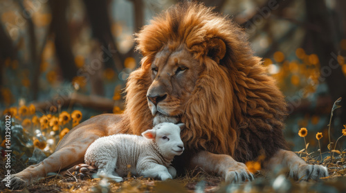 Fototapeta Naklejka Na Ścianę i Meble -  Lion and lamb animals together outdoors. Christianity religion faith, Jesus lamb of God concept, Bible scripture gospel.