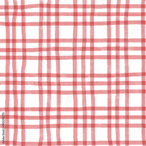 Red Plaid Tartan Check Gingham Hand Drawn Background Pattern Overlay