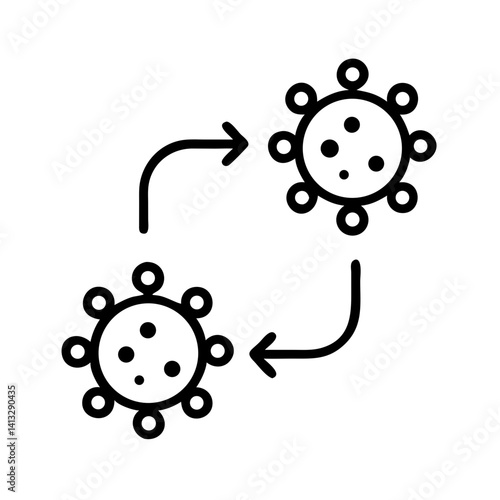 Minimalist black line icon of virus mutation or transformation with arrows, outline vector illustration of viral evolution, isolated on white background