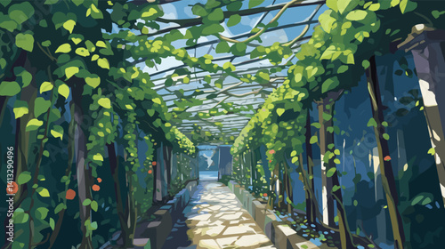Sunlit garden walkway with lush green foliage and blue sky flat vector illustration