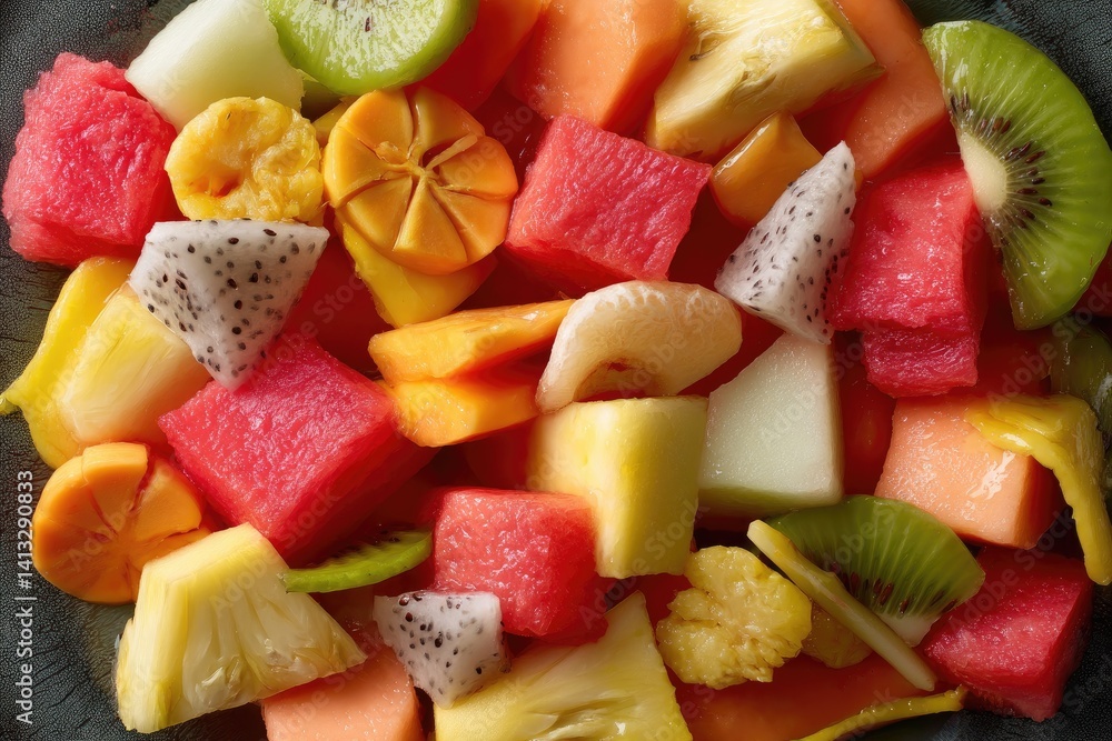 A colorful Brazilian fruit salad made with mango, papaya, guava, and pineapple, beautifully arranged A colorful Brazilian fruit salad made with mango, papaya, guava, and pineapple, beautifully arranged