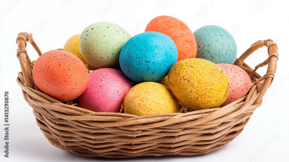 A wicker basket brimming with an array of colorful speckled eggs, ready for Easter celebrations. A wicker basket brimming with an array of colorful speckled eggs, ready for Easter celebrations.