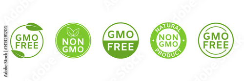 GMO free icons. Non GMO labels. Healthy food concept. Organic cosmetic. No GMO design elements for tags, product package. Ecology, vegan, bio. Beauty product. Sustainable life. Vector illustration