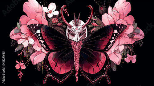 Intricate masked butterfly with floral elements flat vector illustration
