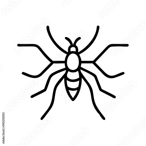 Minimalist black line icon of mosquito insect with six legs and wings, flat vector illustration, isolated on white background