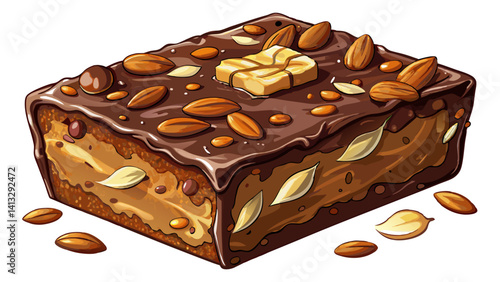 Chocolate brownie with sliced almond nuts toppings crumbs isolated on white background.