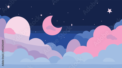 Dreamy night sky with pink moon and stars over colorful clouds flat vector illustration