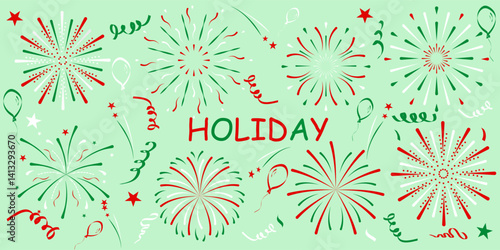Festive set with green, red and white fireworks, balloons and confetti. Perfect for greeting cards , Independence Day, patriotic holidays, summer parties and Italian holiday designs.Vector .